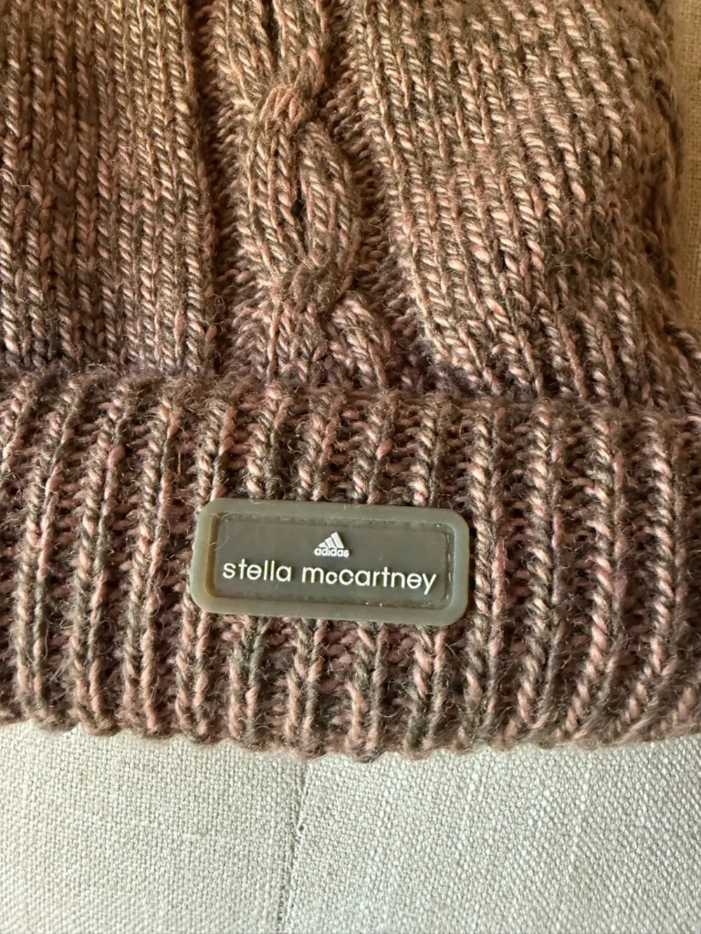adidas by Stella McCartney Cable Knit Beanie Hat Fleece Lined Pink Brown
